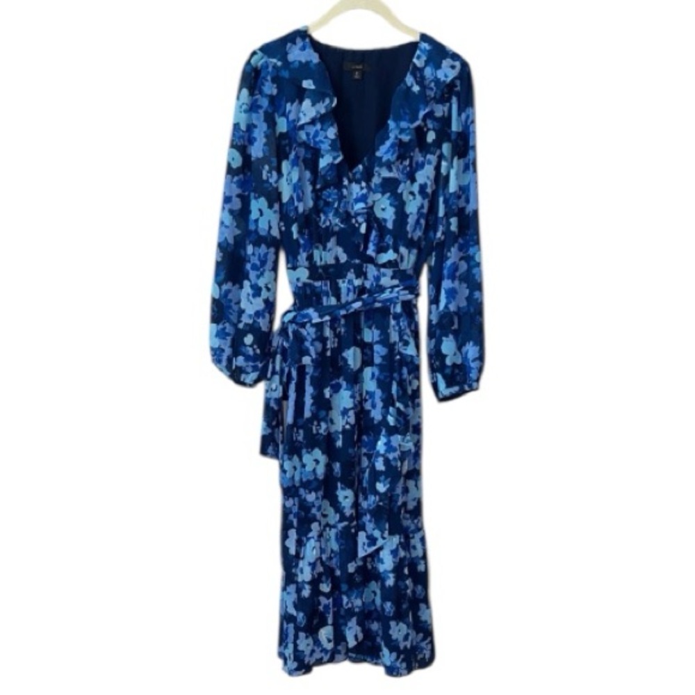 J. Crew Blue Floral Long Sleeve Ruffle Collar Midi Dress Size 6 - Picture 2 of 16